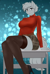 Size: 1900x2800 | Tagged: safe, artist:jerraldina, earth pony, anthro, plantigrade anthro, clothes, commission, desk, female, miniskirt, sitting, skirt, stockings, sweater, thigh highs, your character here