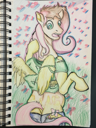 Size: 960x1280 | Tagged: safe, artist:jerryclaymouse, fluttershy, butterfly, human, pegasus, pony, g4, clothes, human to pony, outdoors, solo, torn clothes, traditional art, transformation