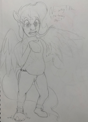 Size: 924x1280 | Tagged: safe, artist:jerryclaymouse, fluttershy, human, pegasus, pony, g4, chubby, dialogue, glasses, human to pony, sketch, solo, standing, traditional art, transformation