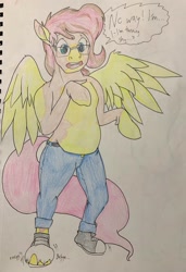 Size: 873x1280 | Tagged: safe, artist:jerryclaymouse, fluttershy, human, pegasus, pony, g4, chubby, dialogue, glasses, human to pony, solo, standing, traditional art, transformation