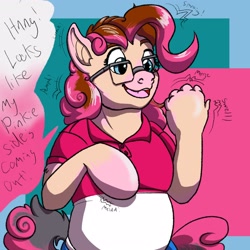 Size: 2048x2048 | Tagged: safe, artist:jerryclaymouse, pinkie pie, human, pony, g4, chubby, clothes, dialogue, glasses, high res, human to pony, solo, standing, transformation