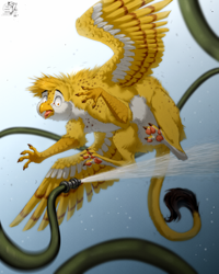 Size: 3600x4500 | Tagged: safe, artist:yukiwhitedeath26, derpibooru exclusive, oc, oc only, oc:beaky, griffon, fanfic:yellow feathers, absurd resolution, aquaphobia, gradient background, griffon oc, hose, panic, paw pads, paws