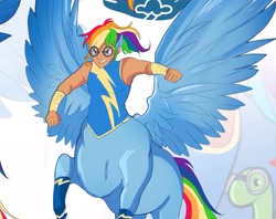 Size: 2048x1623 | Tagged: safe, artist:inkrred, rainbow dash, tank, centaur, human, tortoise, taur, g4, centaurdash, centaurified, clothes, eared humanization, female, goggles, gritted teeth, humanized, mare, pegataur, rearing, solo, species swap, spread wings, tan skin, teeth, uniform, wings, wonderbolts uniform, zoom layer