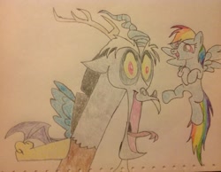 Size: 987x764 | Tagged: safe, artist:aa68., discord, rainbow dash, draconequus, pegasus, pony, g4, best friend, best friends, duo, duo male and female, female, fist, friend, friends, funny, laughing, male, open mouth, scene interpretation, simple background, traditional art, white background, wide eyes