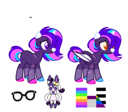 Size: 1000x880 | Tagged: safe, artist:opalitexyz, oc, oc:opalite spirit, bat pony, unicorn, demisexual pride flag, female, glasses, horn, plurgender, pride, pride flag, reference sheet, straight ally pride flag, straight pride flag