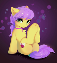 Size: 3126x3426 | Tagged: safe, artist:empress-twilight, oc, oc only, oc:plum blossoms, earth pony, pony, blushing, bow, butt, cheek fluff, chest fluff, commission, ear fluff, ear tufts, earth pony oc, eye clipping through hair, eyebrows, eyebrows visible through hair, female, hair bow, hooves together, legs in air, looking at you, mare, neck bow, plot, smiling, smiling at you, solo, sparkles, tail, underhoof, ych result