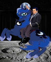 Size: 848x1033 | Tagged: safe, princess luna, alicorn, human, pony, g4, 1000 hours in ms paint, american presidents, bullet hole, fanfic art, fine art parody, humans riding ponies, irl, irl human, john f. kennedy, moon, napoleon crossing the alps, on the moon, photo, president, riding, riding a pony, space, wat