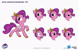 Size: 2083x1349 | Tagged: safe, artist:claudio naccari, boulder media, pipp petals, pegasus, pony, g5, official, adorapipp, boulder media logo, concept art, cute, female, hasbro, hasbro logo, logo, mare, my little pony g5 2d show (boulder media), my little pony logo, simple background, skinny pipp, text, white background