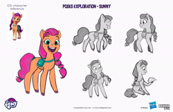 Size: 2083x1349 | Tagged: safe, artist:claudio naccari, artist:claudionaccari, boulder media, sunny starscout, earth pony, pony, g5, official, boulder media logo, concave belly, concept art, female, hasbro, hasbro logo, logo, mare, my little pony g5 2d show (boulder media), my little pony logo, simple background, slender, text, thin, white background