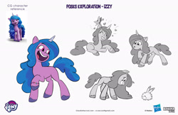 Size: 2083x1349 | Tagged: safe, artist:claudio naccari, artist:claudionaccari, boulder media, izzy moonbow, pony, unicorn, g5, official, boulder media logo, concave belly, concept art, female, hasbro, hasbro logo, horn, logo, mare, my little pony g5 2d show (boulder media), my little pony logo, raised hoof, simple background, slender, text, thin, white background