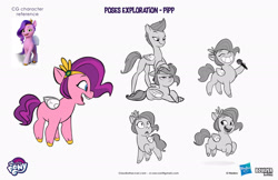 Size: 2083x1349 | Tagged: safe, artist:claudio naccari, artist:claudionaccari, boulder media, pipp petals, pegasus, pony, g5, official, adorapipp, blue eyes, blue-eyed pipp, boulder media logo, chubby, chubby pipp, concept art, cute, female, hasbro, hasbro logo, logo, mare, microphone, my little pony g5 2d show (boulder media), my little pony logo, physique difference, pipp is chubby, pipp is short, pipp petals is best facemaker, pipp petals is not amused, simple background, slender, text, thin, unamused, white background, zipp is skinny, zipp is tall