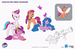 Size: 2083x1349 | Tagged: safe, artist:claudio naccari, artist:claudionaccari, boulder media, izzy moonbow, pipp petals, sunny starscout, zipp storm, alicorn, butterfly, earth pony, pegasus, pony, unicorn, g5, official, alicornified, annoyed, artificial horn, artificial wings, augmented, boulder media logo, colored wings, concave belly, concept art, diverse body types, female, folded wings, hasbro, hasbro logo, horn, horn pattern, logo, looking at each other, looking at someone, lying down, magic, magic horn, magic wings, mare, multicolored wings, my little pony g5 2d show (boulder media), my little pony logo, neckerchief, physique difference, pipp is chubby, pipp petals is not amused, prone, race swap, royal sisters (g5), siblings, simple background, sisters, slender, spread wings, standing, stargazing, sunnycorn, telescope, text, thin, unamused, unshorn fetlocks, white background, wings, zipp is skinny, zipp is tall