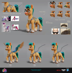 Size: 2000x2013 | Tagged: safe, artist:piotr bzdura, boulder media, hitch trailblazer, zipp storm, earth pony, pegasus, pony, g5, my little pony: a new generation, official, boulder media logo, concept art, disguise, fake moustache, fake wings, female, gray background, groucho mask, hasbro, hasbro logo, logo, male, mare, my little pony logo, my little pony: a new generation logo, netflix, netflix logo, simple background, stallion