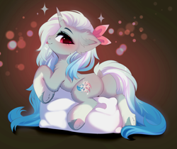 Size: 4713x3960 | Tagged: safe, artist:empress-twilight, oc, oc only, oc:snowfall drizzle, pony, unicorn, :p, blushing, bow, butt, chest fluff, commission, dock, ear fluff, eyebrows, female, hair bow, hoof fluff, horn, leg fluff, looking at you, looking back, lying down, mare, pillow, plot, prone, smiling, solo, sparkles, tail, tongue out, underhoof, unicorn oc, ych result