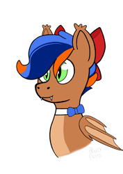 Size: 2480x3508 | Tagged: safe, artist:proffy floyd, oc, oc only, oc:johan, bat pony, pony, bow, bowtie, bust, fangs, hair bow, male, simple background, smiling, solo, transparent background