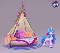 Size: 2048x1795 | Tagged: safe, artist:amandine aramini, izzy moonbow, pony, unicorn, g5, my little pony: a new generation, official, bed, concept art, female, horn, izzy moonbow's bedroom, mare, my little pony logo, unshorn fetlocks