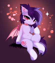 Size: 3715x4266 | Tagged: safe, artist:empress-twilight, oc, oc only, oc:bloodmoon lullaby, bat pony, pony, :p, bat pony oc, bat wings, belly, belly button, blushing, cheek fluff, chest fluff, collar, commission, ear fluff, ear tufts, eye clipping through hair, eyebrows, eyebrows visible through hair, female, looking at you, mare, sitting, slit pupils, smiling, smiling at you, solo, sparkles, tail, tongue out, wings, ych result