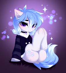 Size: 3216x3553 | Tagged: safe, artist:empress-twilight, oc, oc only, oc:mellow chill, earth pony, pony, blushing, butt, cheek fluff, commission, dock, ear fluff, earth pony oc, eye clipping through hair, eyebrows, eyebrows visible through hair, female, hooves together, leg fluff, legs in air, looking at you, mare, plot, smiling, smiling at you, solo, sparkles, tail, underhoof, ych result