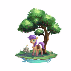 Size: 3800x3800 | Tagged: safe, artist:little_mouse, oc, oc only, oc:plum blossoms, earth pony, pony, basket, bow, earth pony oc, female, flower, grass, green eyes, hair bow, high res, looking at you, mare, neck bow, outdoors, plum, purple mane, rock, simple background, solo, tree, white background