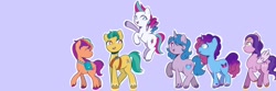 Size: 1500x500 | Tagged: safe, artist:eltrash_art6, hitch trailblazer, izzy moonbow, misty brightdawn, pipp petals, sunny starscout, zipp storm, earth pony, pegasus, pony, unicorn, g5, :p, bag, banner, eyes closed, female, flying, horn, male, mane five, mane six (g5), mare, markings, one eye closed, open mouth, purple background, royal sisters (g5), saddle bag, siblings, simple background, sisters, stallion, tongue out, unshorn fetlocks, wink