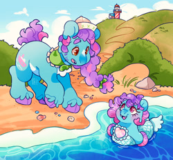 Size: 2048x1900 | Tagged: safe, artist:cocopudu, baby sea princess, salty (g1), earth pony, pony, sea pony, g1, alternate design, alternate eye color, alternate hairstyle, alternate mane color, alternate tail color, alternate tailstyle, bandana, beach, blaze (coat marking), blue body, blue coat, blushing, braid, braided ponytail, brown pupils, cheek fluff, chest fluff, cloud, cloven hooves, coat markings, colored belly, colored chest fluff, colored eyebrows, colored hooves, colored pupils, colt, day, detailed background, duo, duo male and female, eyebrows, eyebrows visible through hair, eyelashes, facial hair, facial markings, female, filly, foal, gradient mane, gradient tail, hair ribbon, hair tie, hat, hooves, lighthouse, long mane male, looking at each other, looking at someone, male, motion lines, ocean, open mouth, open smile, orange eyes, outdoors, pale belly, pink eyes, pink pupils, ponytail, purple hooves, race swap, raised eyebrow, raised hoof, reference in the comments, ribbon, sailor hat, seashell, shiny mane, shiny tail, short tail, signature, smiling, smiling at someone, stallion, standing on three hooves, star (coat marking), swimming, tail, three quarter view, tied mane, toy interpretation, two toned mane, two toned tail, unshorn fetlocks, water