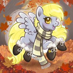 Size: 2400x2400 | Tagged: safe, artist:sparkytopia, derpy hooves, pegasus, pony, g4, autumn, boots, clothes, female, gray coat, heart, heart eyes, hoof heart, looking at you, mare, missing cutie mark, open mouth, open smile, outdoors, scarf, shoes, signature, smiling, solo, spread wings, wingding eyes, wings, ych example, yellow eyes, yellow hair, your character here