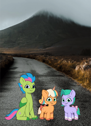 Size: 1080x1490 | Tagged: safe, artist:caseyben887, artist:prixy05, luminous dazzle, peach fizz, seashell (g5), earth pony, pegasus, pony, unicorn, g5, my little pony: tell your tale, bow, coat markings, female, filly, foal, grin, horn, looking at you, mare, mountain, outdoors, pippsqueaks, sitting, sky, smiling, smiling at you, socks (coat markings), tail, tail bow