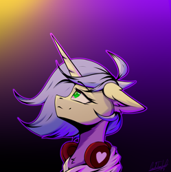 Size: 3231x3249 | Tagged: safe, artist:cmdrtempest, oc, oc only, oc:melody charmi, pony, unicorn, bust, clothes, cute, female, gradient background, headset, hoodie, horn, looking up, mare, solo