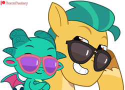 Size: 5103x3677 | Tagged: safe, artist:frownfactory, hitch trailblazer, sparky sparkeroni, dragon, earth pony, pony, g5, my little pony: tell your tale, crossed arms, grin, male, simple background, smiling, stallion, sunglasses, transparent background, vector