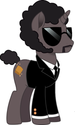 Size: 617x1024 | Tagged: safe, artist:funnyjokerfan, whinnyfield, pony, unicorn, g4, my little pony: the movie, bodyguard, clothes, headset, horn, jules winnfield, pulp fiction, samuel l jackson, simple background, solo, suit, sunglasses, transparent background, vector