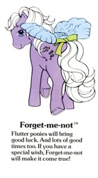 Size: 550x1000 | Tagged: safe, forget-me-not, flutter pony, pegasus, pony, g1, my little pony fact file, official, bow, cute, female, forgetmedorable, g1 backstory, mare, smiling, solo, tail, tail bow, text