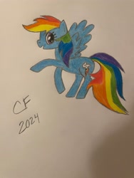 Size: 3024x4032 | Tagged: safe, artist:celestialflare, derpibooru exclusive, rainbow dash, pegasus, pony, g4, female, looking at you, mare, open mouth, signature, simple background, smiling, solo, traditional art, white background