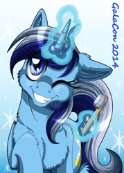 Size: 900x1260 | Tagged: safe, artist:inuhoshi-to-darkpen, minuette, pony, unicorn, galacon, galacon 2014, g4, cheek fluff, cute, ear fluff, female, floppy ears, fluffy, front view, horn, looking at you, magic, mare, minubetes, one eye closed, smiling, solo, telekinesis, toothbrush, wink