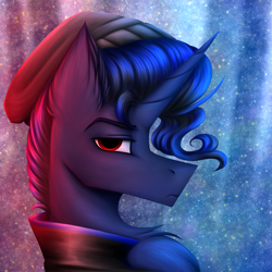 Size: 2431x2431 | Tagged: safe, artist:darklight1315, oc, oc only, oc:dayline, pony, unicorn, beanie, chest fluff, clothes, ear fluff, hat, horn, jacket, male, parent:oc:decline, parent:oc:mayday, red eyes, solo, space, stallion, stars