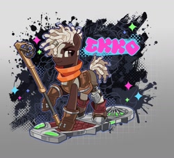 Size: 1483x1345 | Tagged: safe, artist:rotten_hyena, earth pony, pony, arcane, armor, boots, clothes, dreadlocks, ekko, gloves, hoverboard, league of legends, male, markings, ponified, scarf, shoes, shorts, solo, staff, stallion