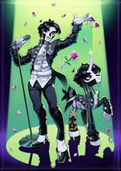 Size: 854x1200 | Tagged: safe, artist:rotten_hyena, human, pony, unicorn, clothes, face paint, flower, ghost (band), gloves, horn, human ponidox, male, markings, microphone, pants, papa emeritus iii, ponified, rose, self paradox, self ponidox, shirt, shoes, solo, stallion, suit, tattoo