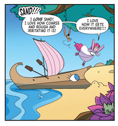 Size: 974x1035 | Tagged: safe, artist:jenna ayoub, idw, pinkie pie, bird, earth pony, pony, g4, my little pony classics reimagined: the odyssey, spoiler:comic, clothes, cropped, female, flower, happy, homer, mare, ocean, outdoors, paddle, reference, sand, ship, star wars, star wars: attack of the clones, tree, water