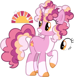 Size: 1793x1866 | Tagged: safe, artist:strawberry-spritz, oc, oc only, pony, unicorn, g4, base used, coat markings, colored belly, colored hooves, colored horn, colored pinnae, commission, curly mane, curly tail, eyelashes, facial markings, female, female oc, hooves, horn, leg markings, long tail, looking back, magical lesbian spawn, mare, mare oc, multicolored mane, multicolored tail, next generation, offspring, orange eyes, orange hooves, pale belly, parent:oc:surprise!, parent:oc:twibright sparkle, parent:pinkie clone, parent:pinkie pie, parent:twilight sparkle, parents:canon x oc, parents:oc x oc, parents:twinkie, pink coat, pink mane, pink tail, raised hoof, show accurate, simple background, smiling, snip (coat marking), socks (coat markings), solo, standing, standing on three hooves, tail, three quarter view, three toned horn, transparent background, turned head, unicorn horn, unicorn oc