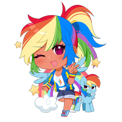 Size: 5000x5000 | Tagged: safe, artist:kittyrosie, kotobukiya, rainbow dash, human, pegasus, pony, g4, absurd resolution, chibi, clothes, cute, dashabetes, female, hoodie, human ponidox, humanized, kotobukiya rainbow dash, mare, one eye closed, open mouth, self paradox, self ponidox, shirt, shoes, shorts, simple background, sneakers, solo, t-shirt, transparent background, winged humanization, wings, wink