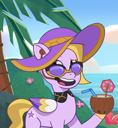 Size: 661x720 | Tagged: safe, screencap, dazzle feather, pegasus, pony, g5, my little pony: tell your tale, ponytropico, coconut cup, cropped, hat, outdoors