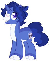 Size: 765x934 | Tagged: safe, oc, oc only, oc:magic vision, pony, unicorn, base used, blaze (coat marking), blue coat, blue mane, blue tail, coat markings, colored fetlocks, colored hooves, colored pupils, countershading, curly mane, curly tail, facial markings, facial scar, hooves, horn, looking up, male, male oc, nose scar, pale belly, purple eyes, purple pupils, scar, show accurate, simple background, smiling, solo, stallion, stallion oc, standing, star mark, stars, tail, three quarter view, transparent background, two toned mane, two toned tail, unicorn horn, unicorn oc, white belly, white hooves