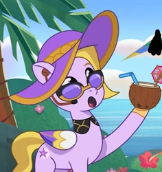 Size: 679x720 | Tagged: safe, screencap, dazzle feather, pegasus, pony, g5, my little pony: tell your tale, ponytropico, coconut cup, cropped, hat, outdoors