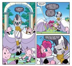 Size: 1988x1820 | Tagged: safe, artist:jenna ayoub, idw, pinkie pie, zecora, earth pony, pig, pony, zebra, g4, my little pony classics reimagined: the odyssey, spoiler:comic, bowing, bucket, circe, clothes, female, mare, outdoors, petals, sweat, tree, zirce