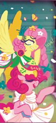 Size: 558x1240 | Tagged: safe, artist:justasuta, idw, fluttershy, pinkie pie, earth pony, pegasus, pony, g4, my little pony classics reimagined: the odyssey, spoiler:comic, bonk, clothes, cropped, flower, flower in hair, goddess, greek, greek clothes, greek mythology, persephone, shhh, spread wings, wings