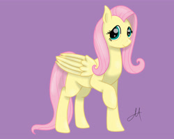 Size: 5000x4000 | Tagged: safe, artist:yinmai, fluttershy, pegasus, pony, g4, absurd resolution, cute, digital art, female, looking at you, mare, purple background, raised hoof, requested art, shyabetes, signature, simple background, smiling, solo, three quarter view