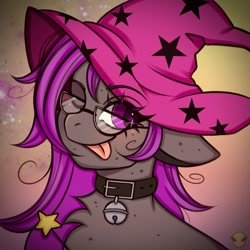 Size: 1000x1000 | Tagged: safe, artist:namelessplaza, oc, oc only, blushing, bust, choker, commission, glasses, hat, magic, portrait, solo, stars, tongue out