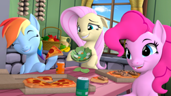 Size: 3840x2160 | Tagged: safe, artist:owlpirate, fluttershy, pinkie pie, rainbow dash, earth pony, pegasus, pony, g4, 3d, apple, banana, broccoli, cookie, female, floppy ears, food, garlic, indoors, open mouth, orange, party, pizza, pizza party, salad, soda, source filmmaker, strawberry, watermelon