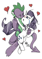 Size: 922x1296 | Tagged: safe, artist:burning-heart-brony, rarity, spike, dragon, pony, g4, adult, adult spike, blushing, crying, duo, female, male, older, older spike, open mouth, ship:sparity, shipping, simple background, straight, white background