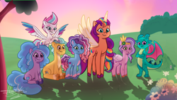 Size: 1280x720 | Tagged: safe, artist:hamatolima, hitch trailblazer, izzy moonbow, misty brightdawn, pipp petals, sparky sparkeroni, sunny starscout, zipp storm, alicorn, dragon, earth pony, pegasus, pony, unicorn, g4, g5, my little pony: friendship is magic, my little pony: tell your tale, the last problem, artificial horn, augmented, concave belly, countershading, diadem, elderly, end of g5, female, height difference, horn, jewelry, magic, magic horn, male, mane five, mane seven (g5), mane six (g5), mane stripe sunny, mare, older, older hitch trailblazer, older izzy moonbow, older misty brightdawn, older pipp petals, older sparky sparkeroni, older zipp storm, outdoors, pipp is short, race swap, rebirth misty, regalia, slender, speedpaint available, stallion, sunny is tall, sunnycorn, tall, teenager, thin, what if, wrinkles, youtube link, zipp is skinny