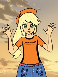 Size: 810x1080 | Tagged: safe, artist:captainelsa, applejack, human, equestria girls, g4, cap, clothes, denim, female, formula 1, hat, jeans, mclaren, outdoors, pants, shirt, skirt, solo, t-shirt